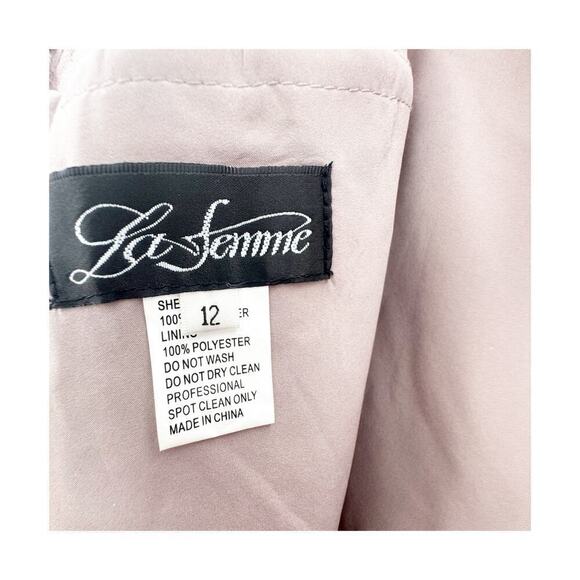 La Femme 29233 Embroidered A-line Gown Icy Mauve Sheer Sleeve Size 12 NWOT - Picture 11 of 12